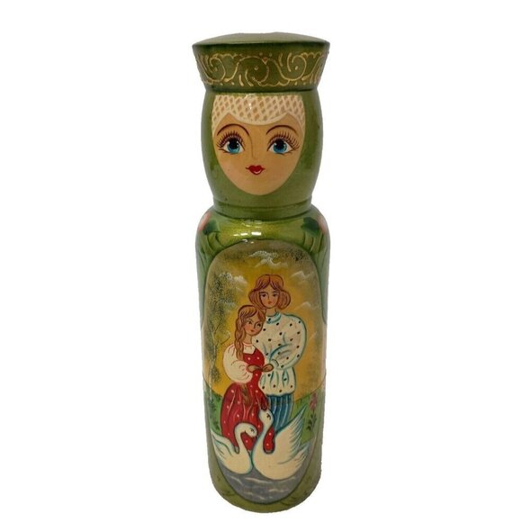 VTG 80s Russian Folk Art Matryoshka Wood Carved Nesting Doll Bottle Holder 2pc